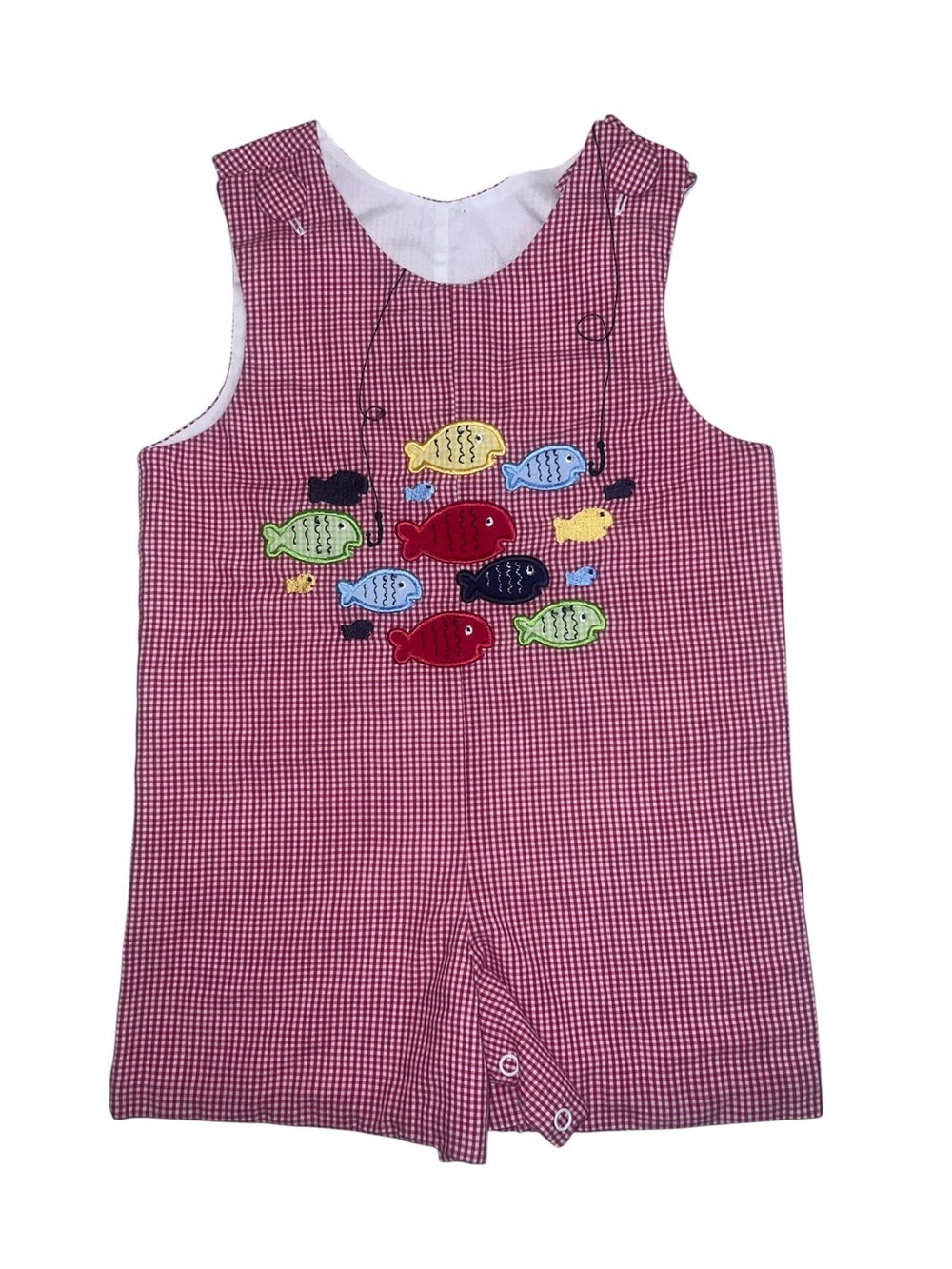 Red Gingham Kids One-Piece with Colorful Fish Appliqué